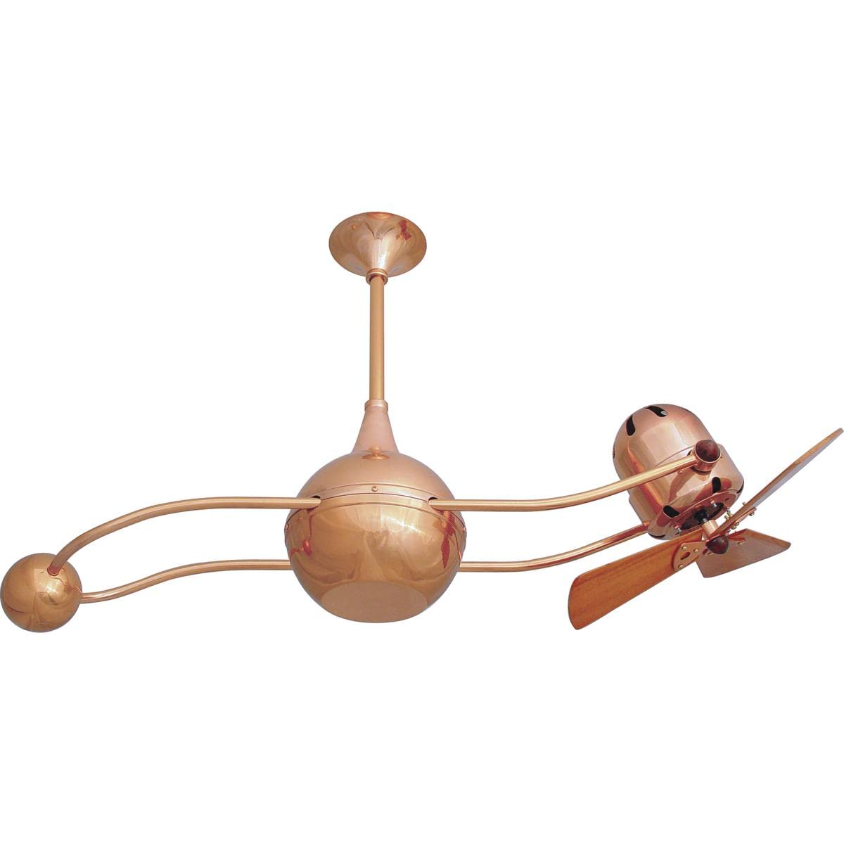 Matthews Fan B2K-CP-WD Brisa 360° counterweight rotational ceiling fan in Polished Copper finish with solid sustainable mahogany wood blades.