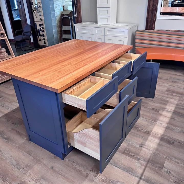 5 Solid Wood Cab-Tech Kitchen ISLAND Navy w/John Boos Cherry Top