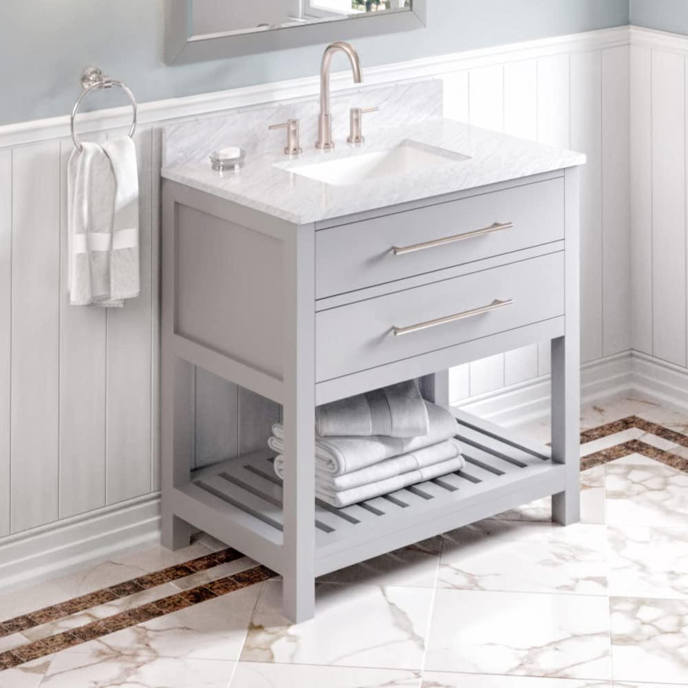 Jeffrey Alexander VKITWAV36GRWCR 36" Grey Wavecrest Vanity, White Carrara Marble Vanity Top, undermount rectangle bowl