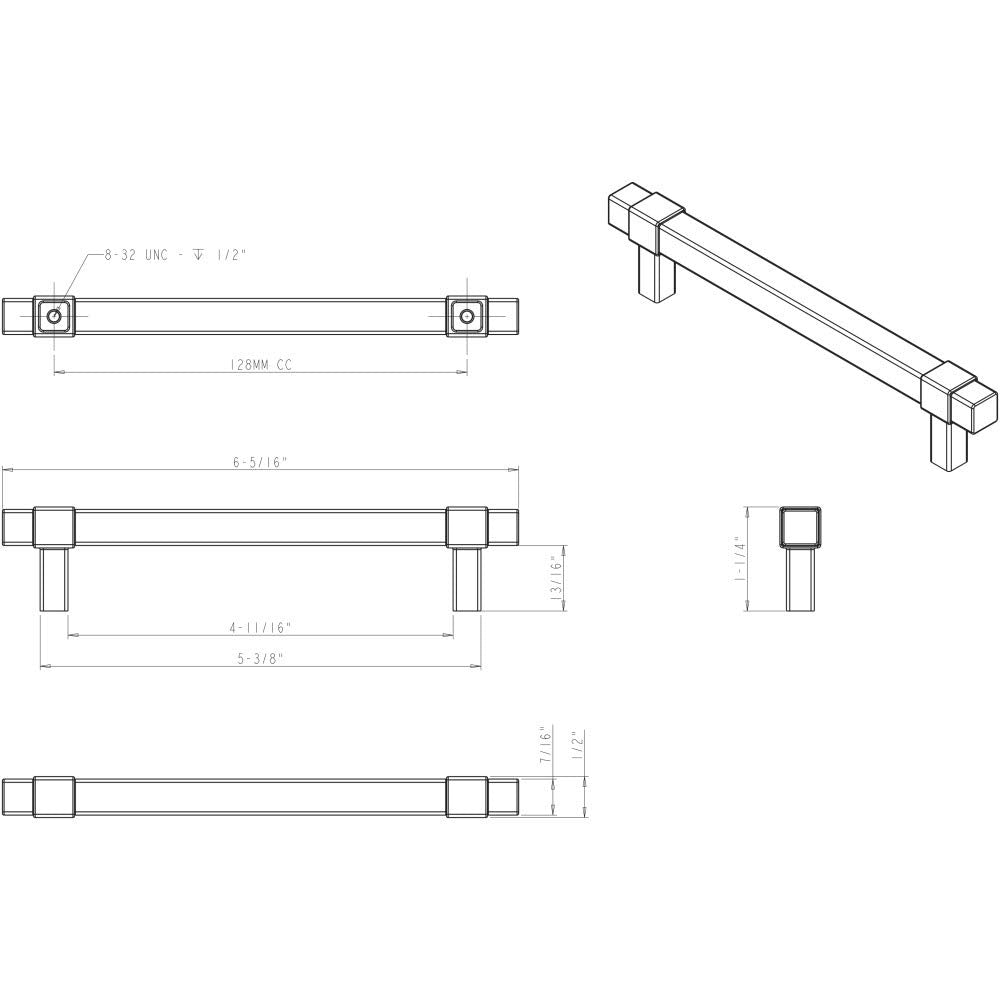 Jeffrey Alexander 293-128MB 128 mm Center-to-Center Matte Black Square Zane Cabinet Pull