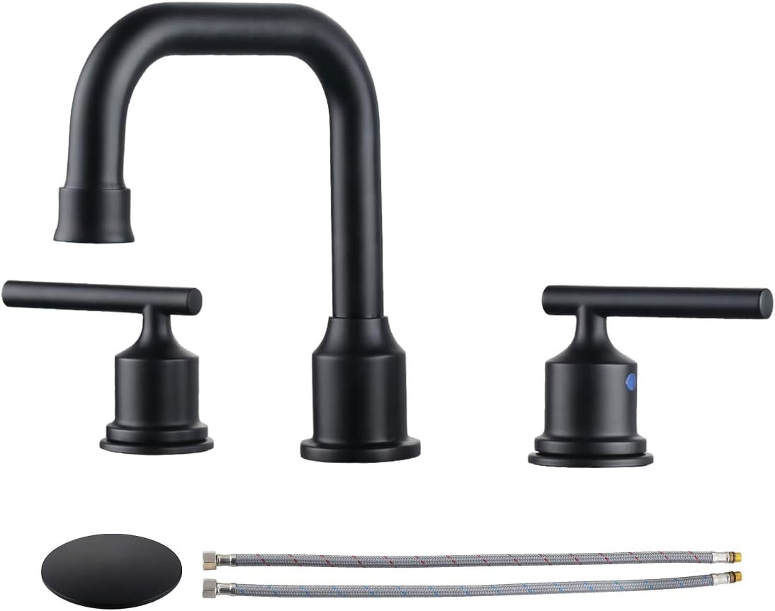 Bathroom Faucets for Sink 3 Hole, Hurran Matte Black Bathroom Sink Faucet with Pop-up Drain and Supply Lines, Stainless Steel Lead-Free Widespread Faucet for Vanity RV Farmhouse Sink