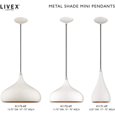 Livex Lighting 41172-69 Metal Shade - 11.75" One Light Mini Pendant, Shiny White Finish with Shiny White Metal/Gold Shade