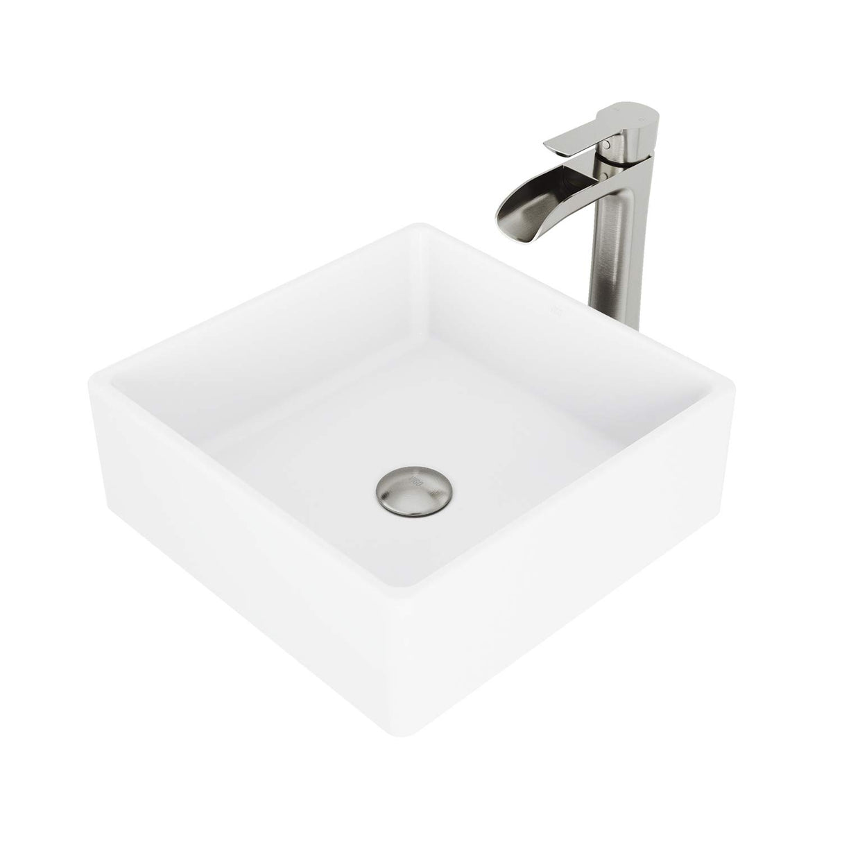 VIGO VGT1082BN 14.5" L -14.5" W -10.5" H Handmade Matte Stone Square Vessel Bathroom Sink Set in Matte White Finish with Brushed Nickel Single-Handle Single Hole Waterfall Faucet and Pop Up Drain