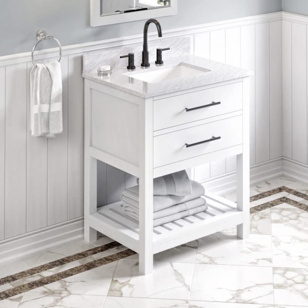 Jeffrey Alexander VKITWAV30WHWCR 30" White Wavecrest Vanity, White Carrara Marble Vanity Top, undermount rectangle bowl