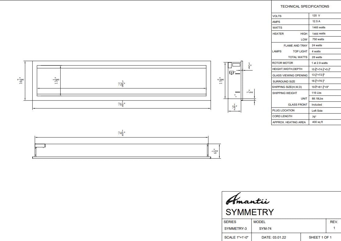 Amantii SYM-74 Symmetry Smart Electric  74" Indoor / Outdoor WiFi Enabled Built In Fireplace, Featuring a MultiFunction Remote Control , Multi Speed Flame Motor and a 10 piece Birch Log Set