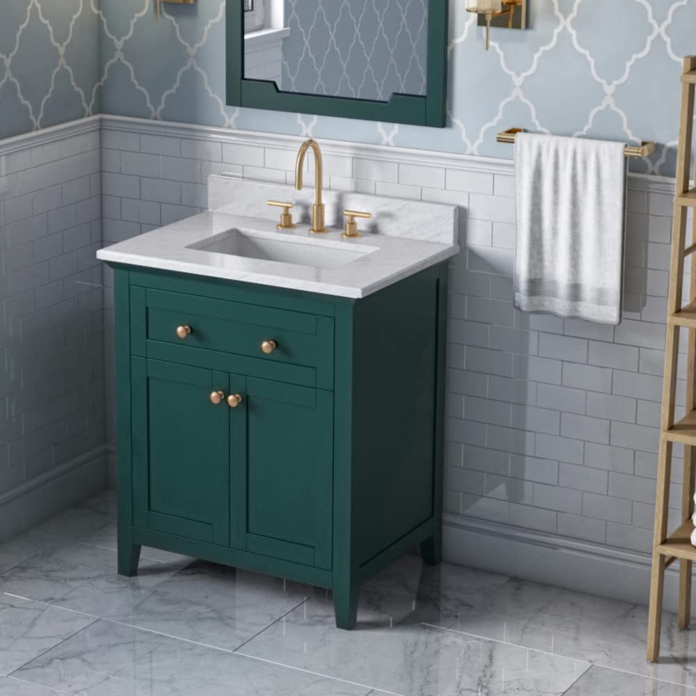 Jeffrey Alexander VKITCHA30GNWCR 30" Forest Green Chatham Vanity, White Carrara Marble Vanity Top, undermount rectangle bowl