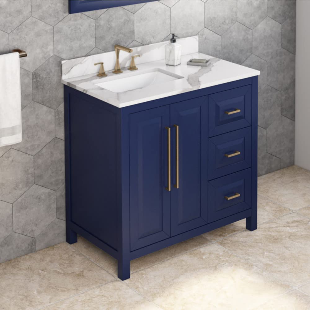 Jeffrey Alexander VKITCAD36BLCQR 36" Hale Blue Cade Vanity, left offset, Calacatta Vienna Quartz Vanity Top, undermount rectangle bowl
