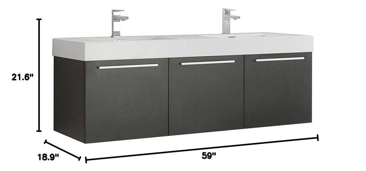 Fresca FCB8093BW-D-I Fresca Vista 60" Black Wall Hung Double Sink Modern Bathroom Cabinet w/ Integrated Sink