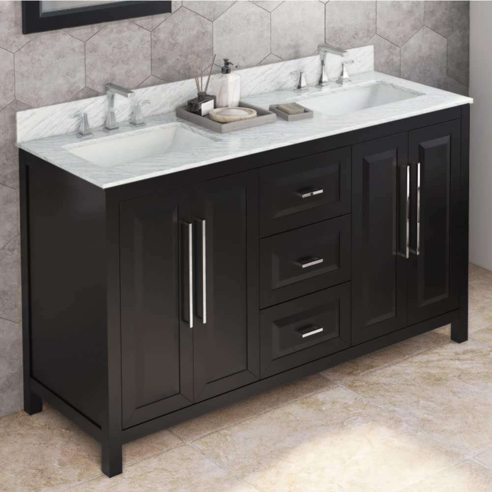 Jeffrey Alexander VKITCAD60BKWCR 60" Black Cade Vanity, double bowl, White Carrara Marble Vanity Top, two undermount rectangle bowls