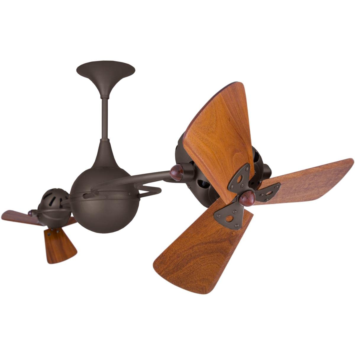 Matthews Fan IV-BZZT-WD Italo Ventania 360° dual headed rotational ceiling fan in bronzette finish with solid sustainable mahogany wood blades.