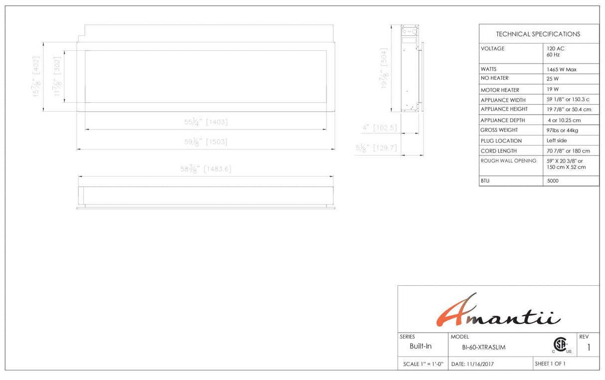 Amantii BI-60-XTRASLIM Panorama Xtraslim Full View Smart Electric  - 60" Indoor /Outdoor WiFi Enabled  Fireplace, featuring a MultiFunction Remote, Multi Speed Flame Motor, Glass Media & a Black Trim