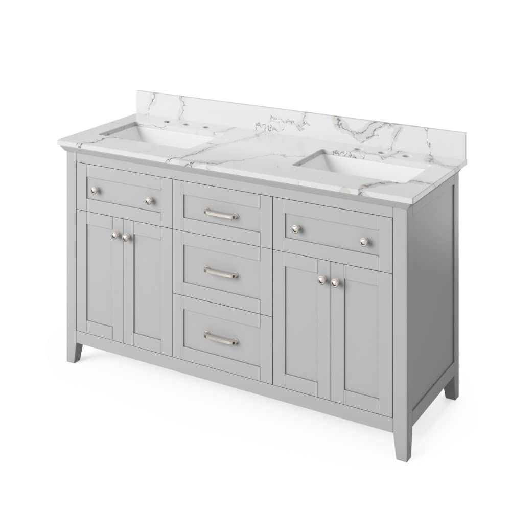 Jeffrey Alexander VKITCHA60GRCQR 60" Grey Chatham Vanity, double bowl, Calacatta Vienna Quartz Vanity Top, two undermount rectangle bowls