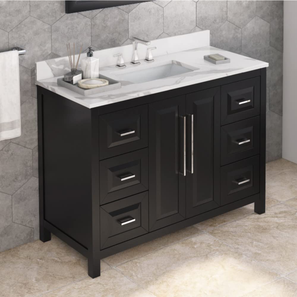 Jeffrey Alexander VKITCAD48BKCQR 48" Black Cade Vanity, Calacatta Vienna Quartz Vanity Top, undermount rectangle bowl