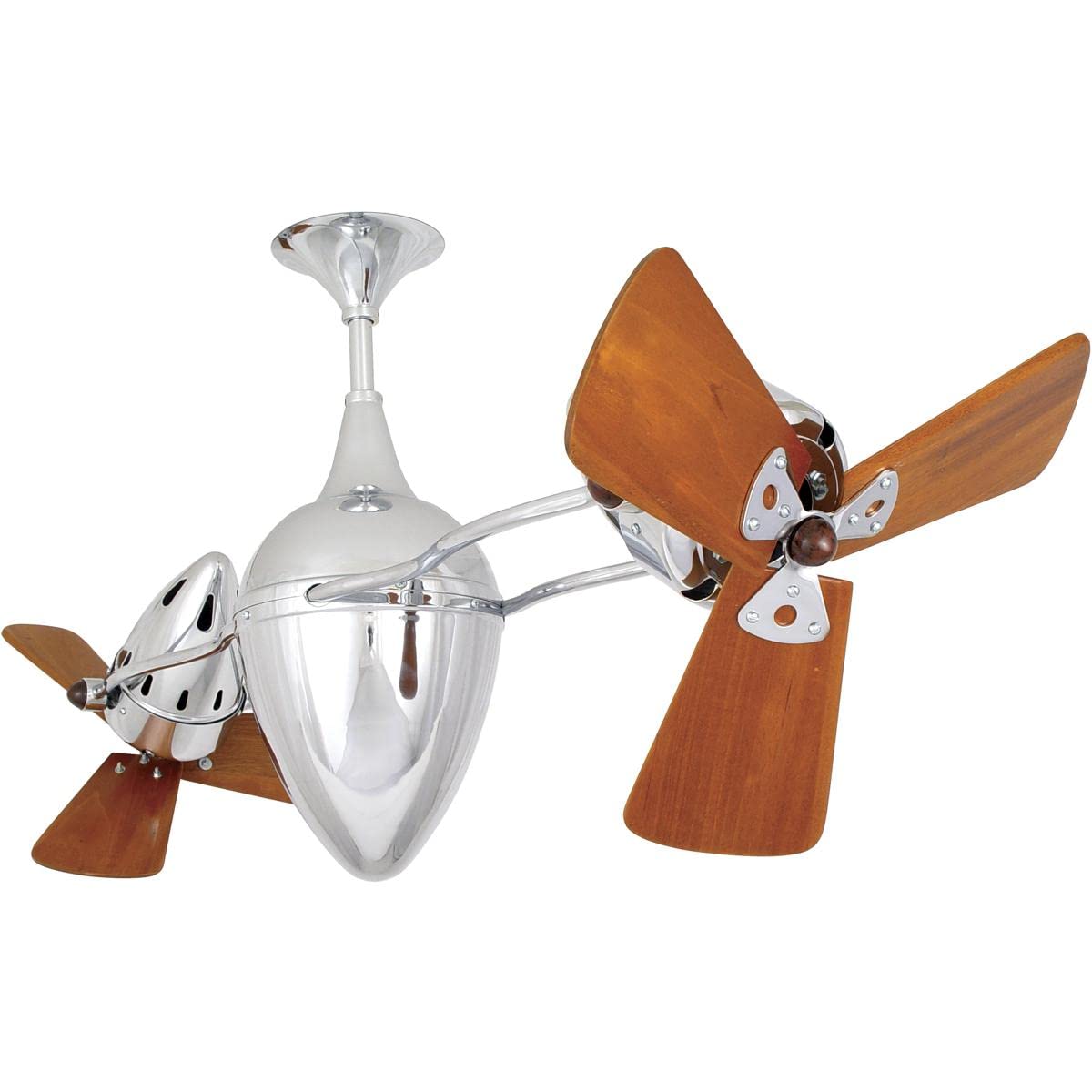 Matthews Fan AR-CR-WD-DAMP Ar Ruthiane 360° dual headed rotational ceiling fan in polished chrome finish with solid sustainable mahogany wood blades for damp location.