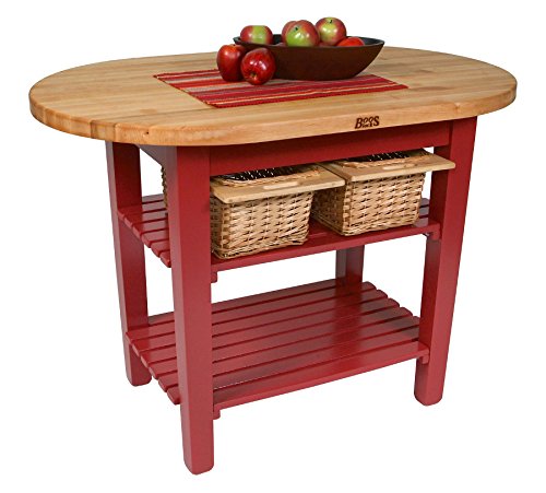 John Boos C-ELIP6030175-S-BN C-Elip Country-Style Elliptical Butcher Block Table - 60" W, 30" D, One Shelf, Barn Red Base
