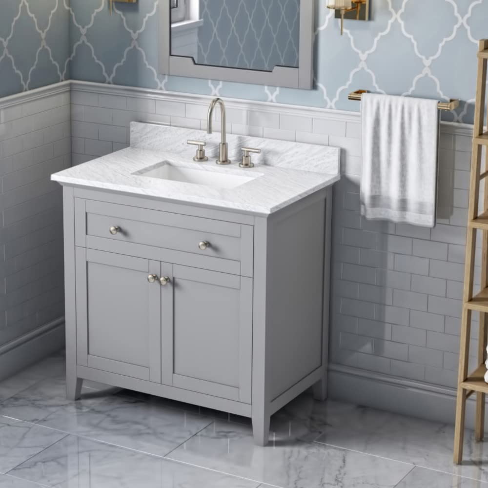 Jeffrey Alexander VKITCHA36GRWCR 36" Grey Chatham Vanity, White Carrara Marble Vanity Top, undermount rectangle bowl