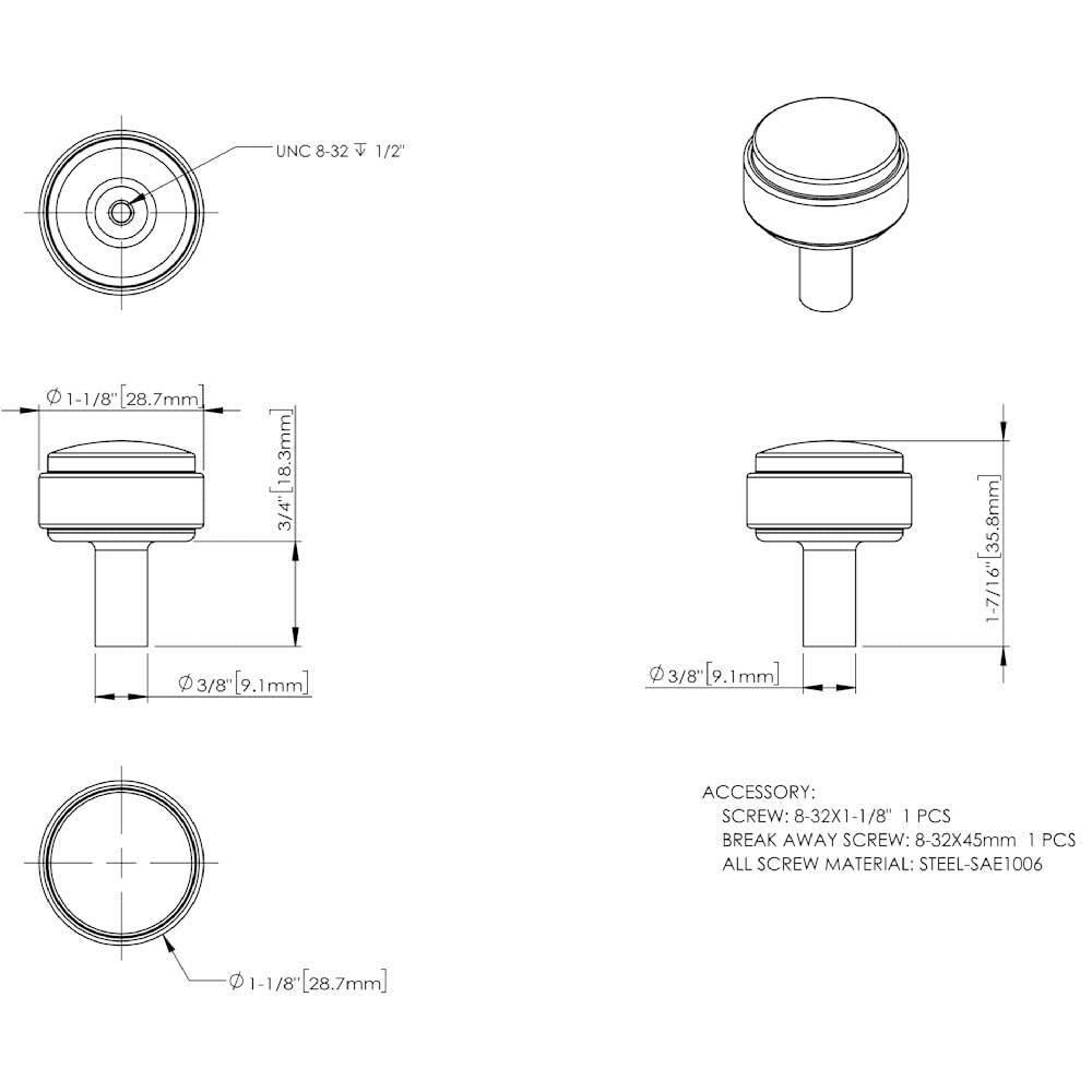 Jeffrey Alexander 775SN 1-1/8" Diameter Satin Nickel Carmen Cabinet Knob