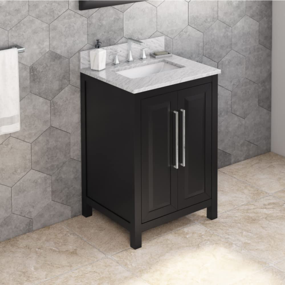 Jeffrey Alexander VKITCAD24BKWCR 24" Black Cade Vanity, White Carrara Marble Vanity Top, undermount rectangle bowl