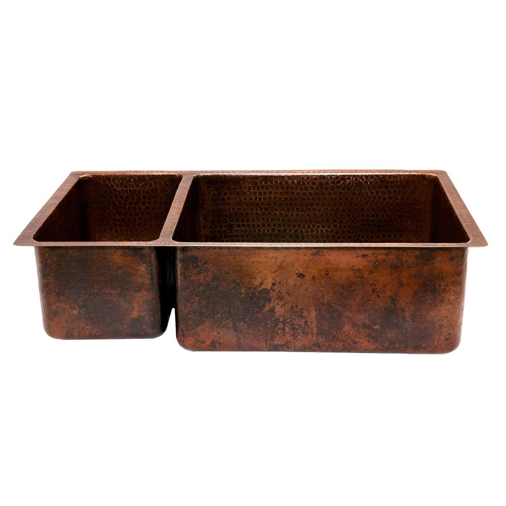 Premier Copper Products K25DB33199 33-Inch Hammered Copper Kitchen 25/75 Double Basin Sink, Oil Rubbed Bronze