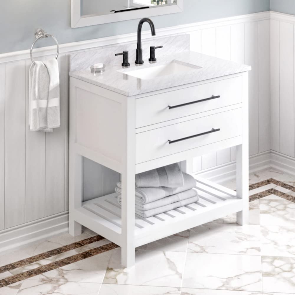 Jeffrey Alexander VKITWAV36WHWCR 36" White Wavecrest Vanity, White Carrara Marble Vanity Top, undermount rectangle bowl