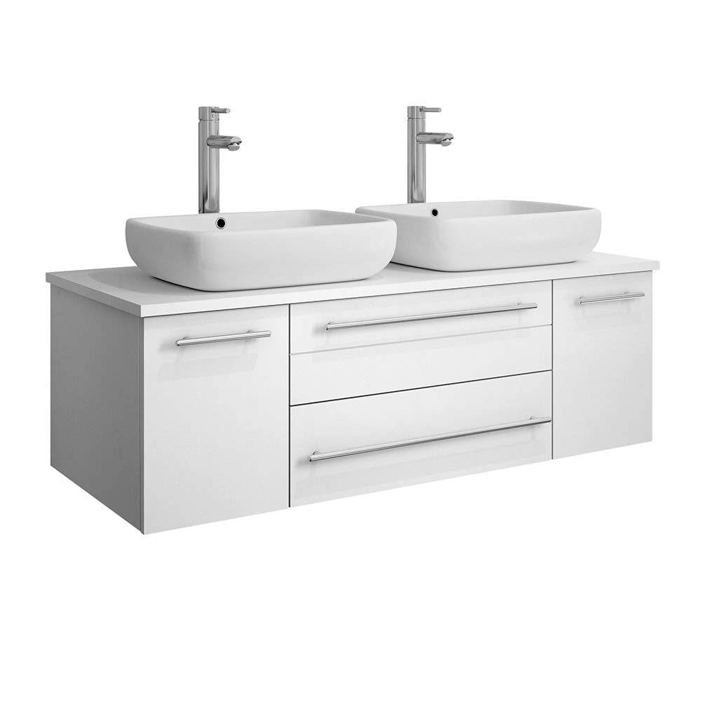 Fresca FCB6148WH-VSL-D-CWH-V Fresca Lucera 48" White Wall Hung Modern Bathroom Cabinet w/ Top & Double Vessel Sinks