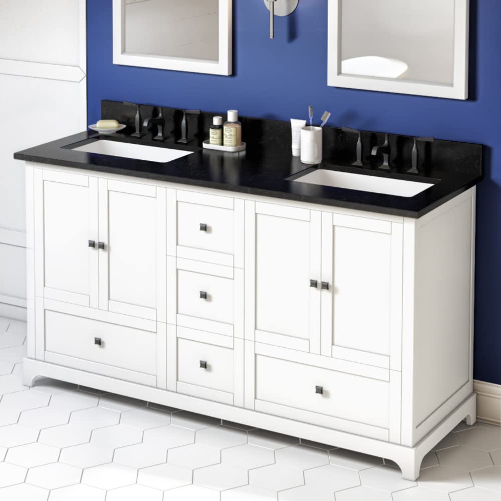Jeffrey Alexander VKITADD60WHBGR 60" White Addington Vanity, double bowl, Black Granite Vanity Top, two undermount rectangle bowls