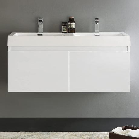 Fresca FCB8012WH-I Fresca Mezzo 48" White Wall Hung Double Sink Modern Bathroom Cabinet w/ Integrated Sink