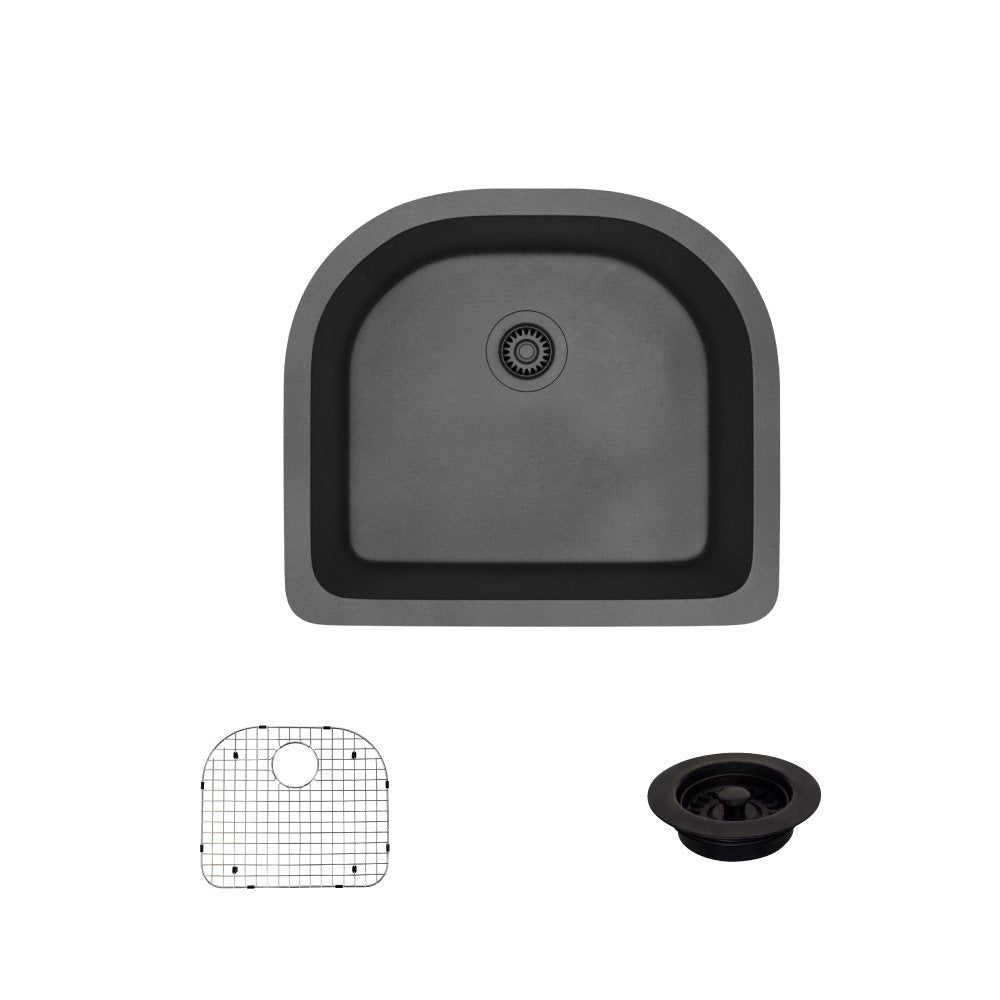 R3-1005-CAR-ST-CGF Carbon D-Bowl Quartz Granite Kitchen Sink with Grid and Matching Colored Flange
