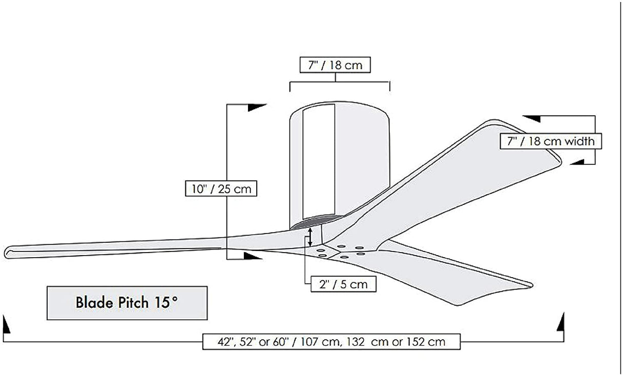 Matthews Fan IR3H-BP-BK-42 Irene-3H three-blade flush mount paddle fan in Brushed Pewter finish with 42” solid matte black wood blades. 