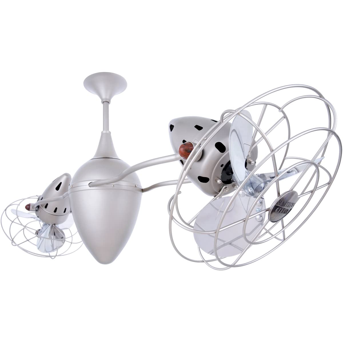 Matthews Fan AR-BN-MTL Ar Ruthiane 360° dual headed rotational ceiling fan in brushed nickel finish with metal blades.