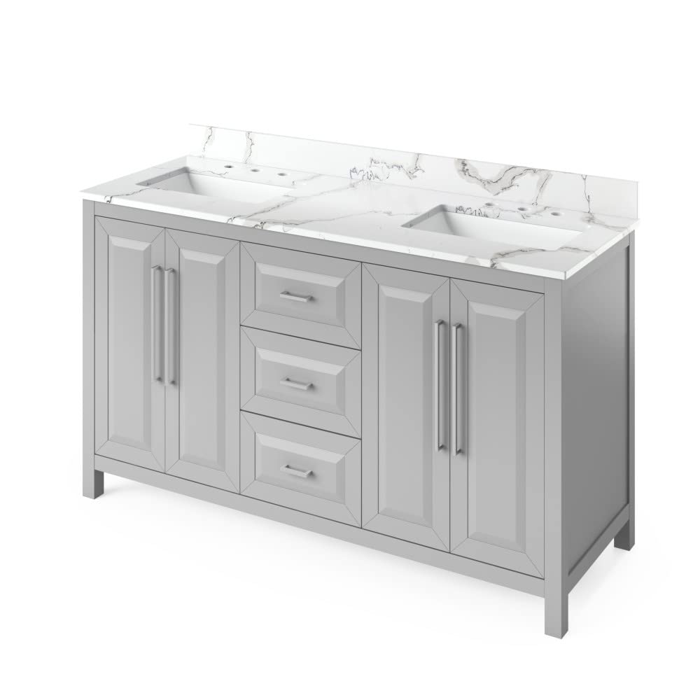 Jeffrey Alexander VKITCAD60GRCQR 60" Grey Cade Vanity, double bowl, Calacatta Vienna Quartz Vanity Top, undermount rectangle bowl
