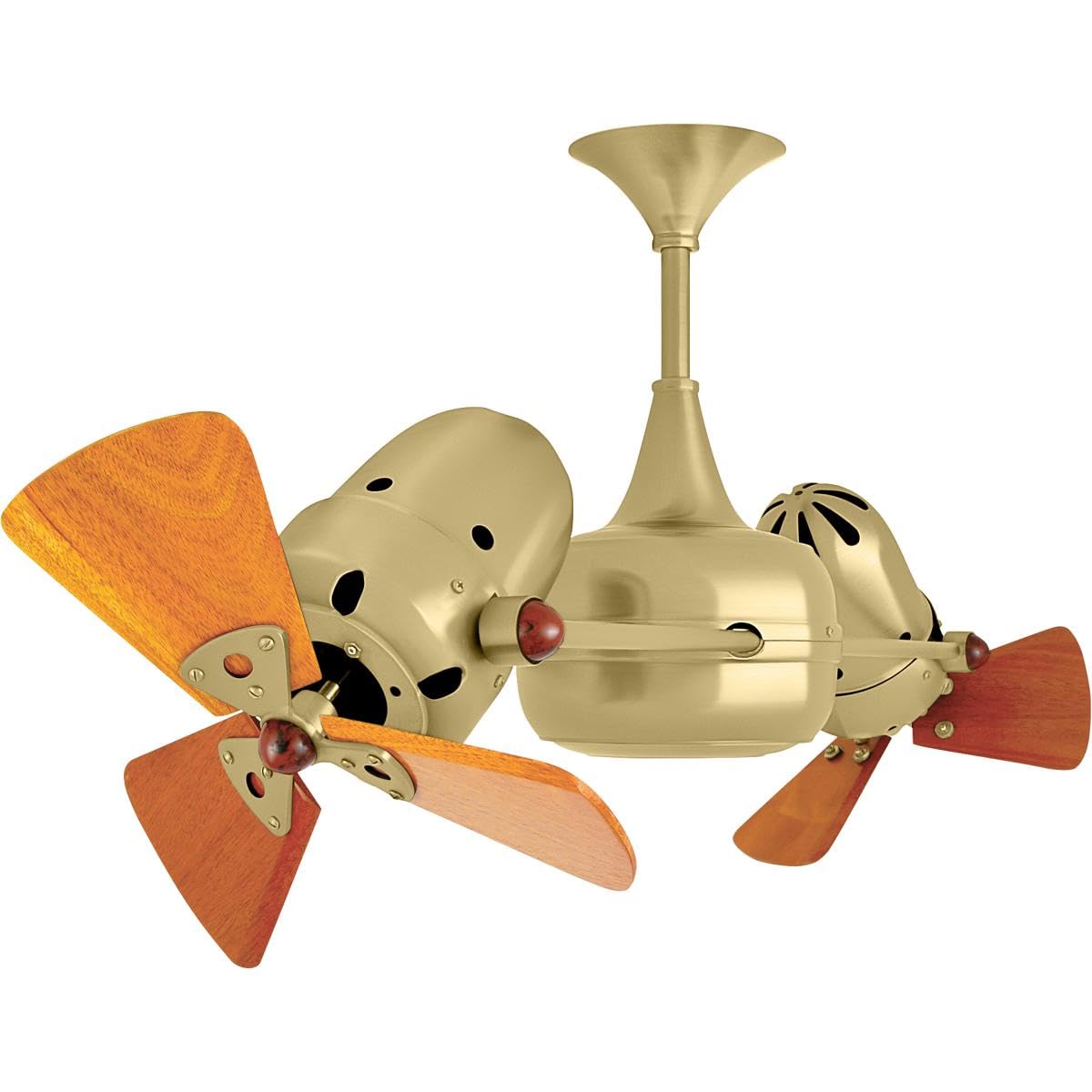 Matthews Fan DD-BRBR-WD Duplo Dinamico 360” rotational dual head ceiling fan in Brushed Brass finish with solid sustainable mahogany wood blades.