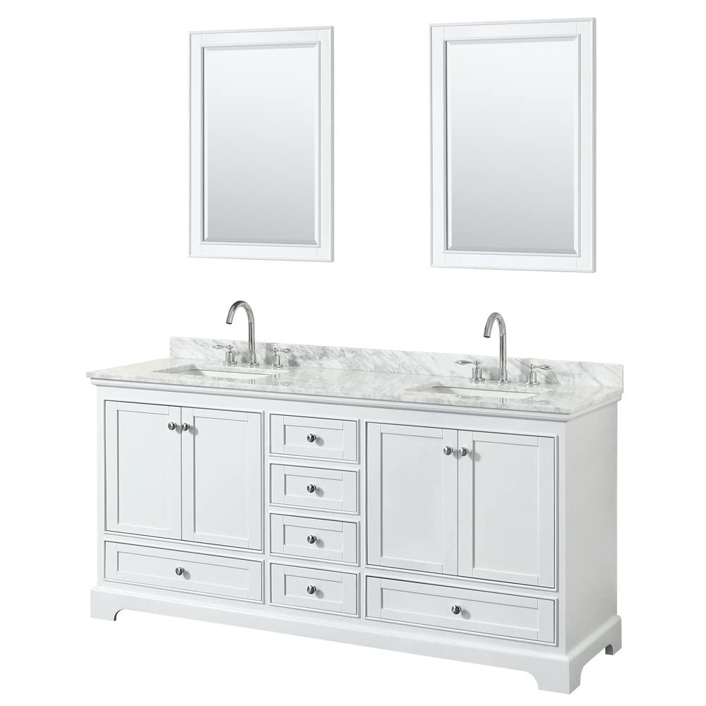 Deborah 72 Inch Double Bathroom Vanity in White White Carrara Marble Countertop Undermount Square Sinks and 24 Inch Mirrors