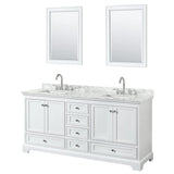 Deborah 72 Inch Double Bathroom Vanity in White White Carrara Marble Countertop Undermount Square Sinks and 24 Inch Mirrors