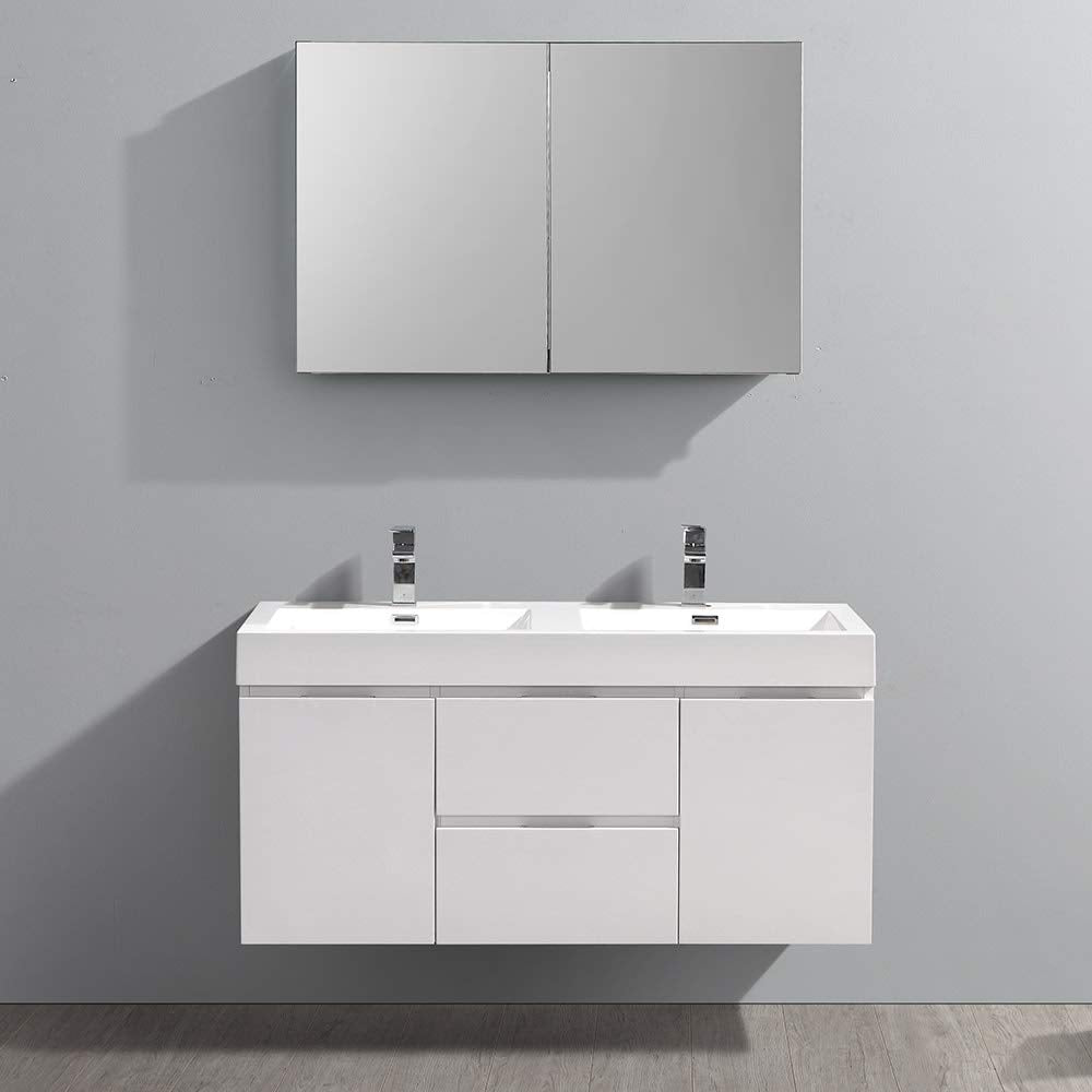Fresca FVN8348WH-D Fresca Valencia 48" Glossy White Wall Hung Double Sink Modern Bathroom Vanity w/ Medicine Cabinet