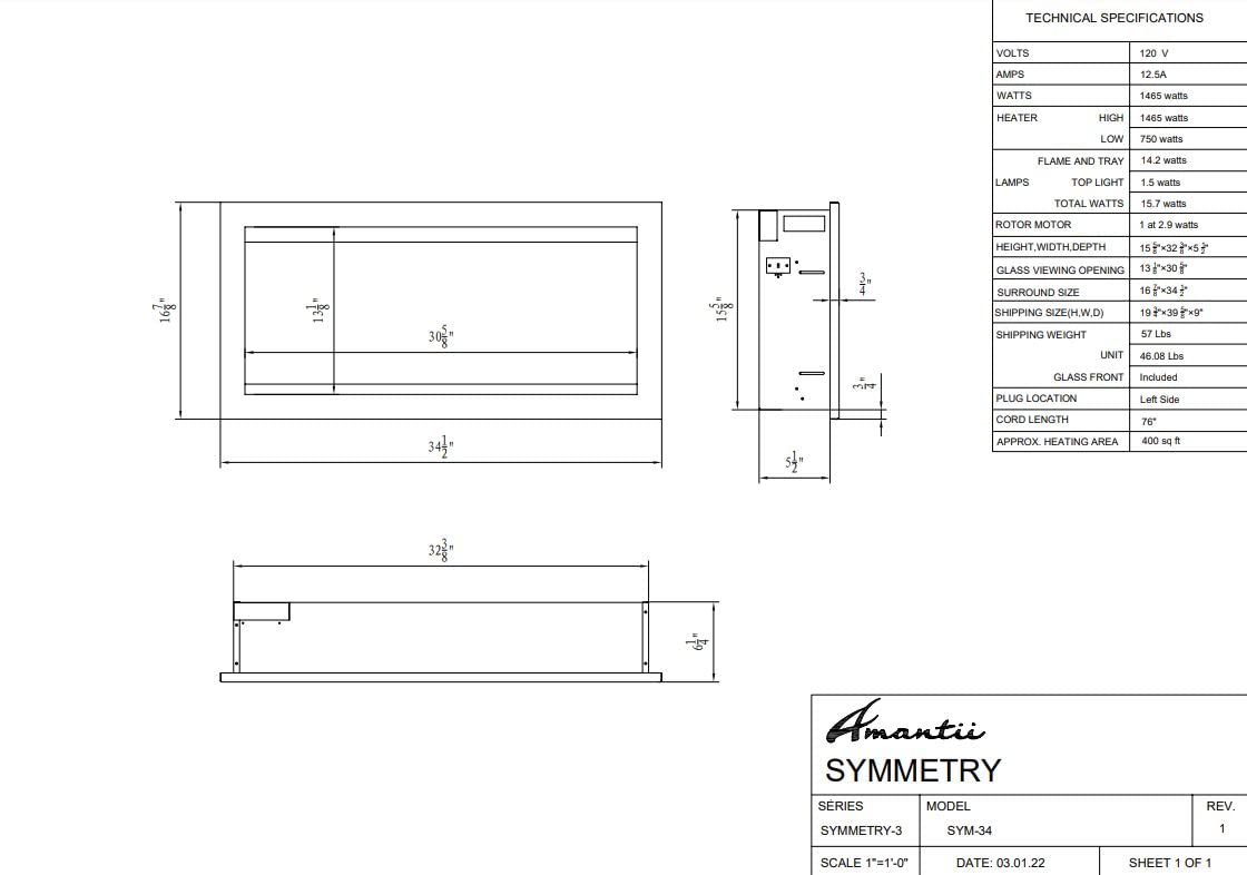 Amantii SYM-34 Symmetry Smart Electric  34" Indoor / Outdoor WiFi Enabled Built In Fireplace, Featuring a MultiFunction Remote Control , Multi Speed Flame Motor and a 10 piece Birch Log Set