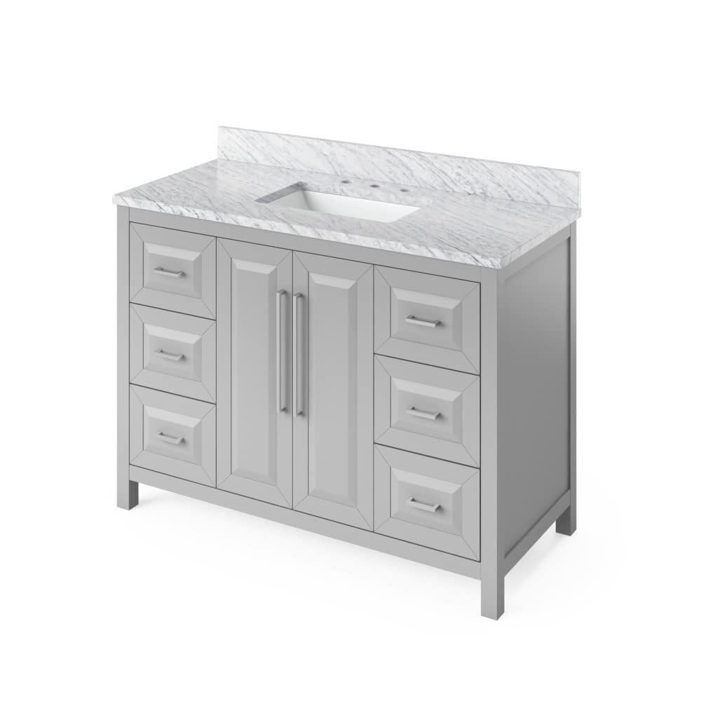 Jeffrey Alexander VKITCAD48GRWCR 48" Grey Cade Vanity, White Carrara Marble Vanity Top, undermount rectangle bowl