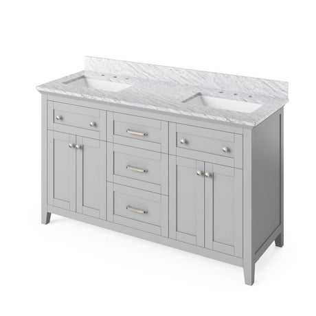Jeffrey Alexander VKITCHA60GRWCR 60" Grey Chatham Vanity, double bowl, White Carrara Marble Vanity Top, two undermount rectangle bowls