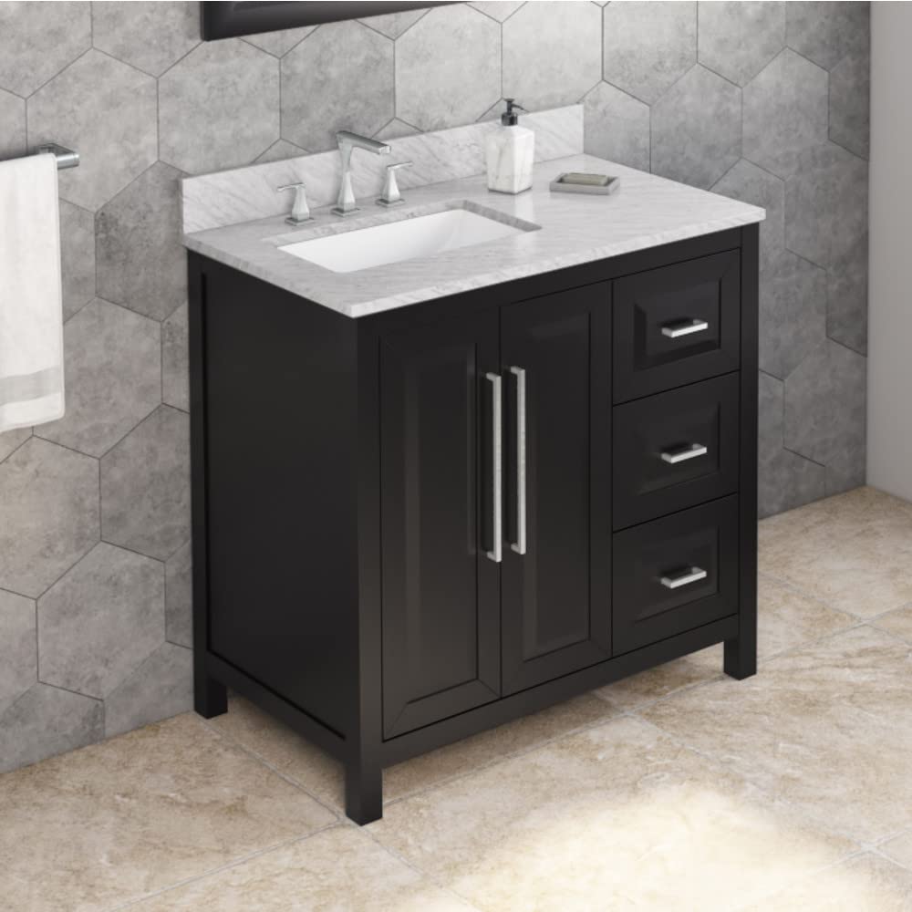 Jeffrey Alexander VKITCAD36BKWCR 36" Black Cade Vanity, left offset, White Carrara Marble Vanity Top, undermount rectangle bowl