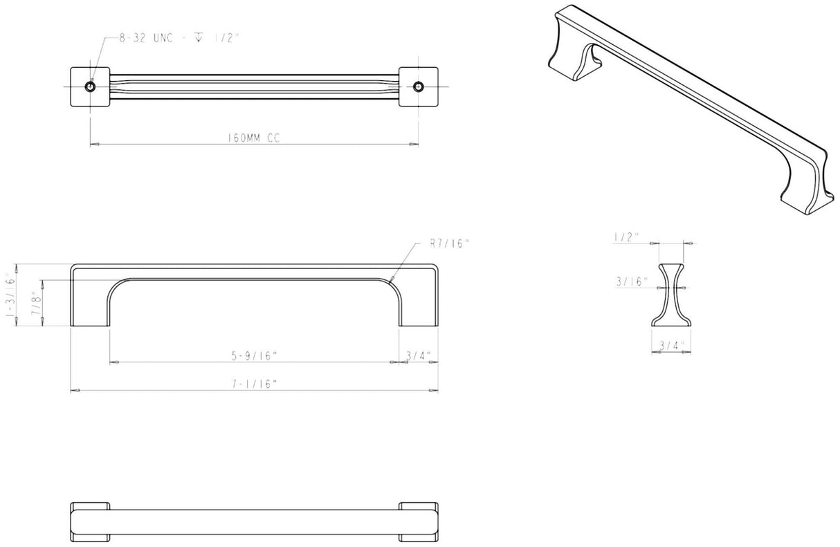 Jeffrey Alexander 752-160MB 160 mm Center-to-Center Matte Black Sullivan Cabinet Pull