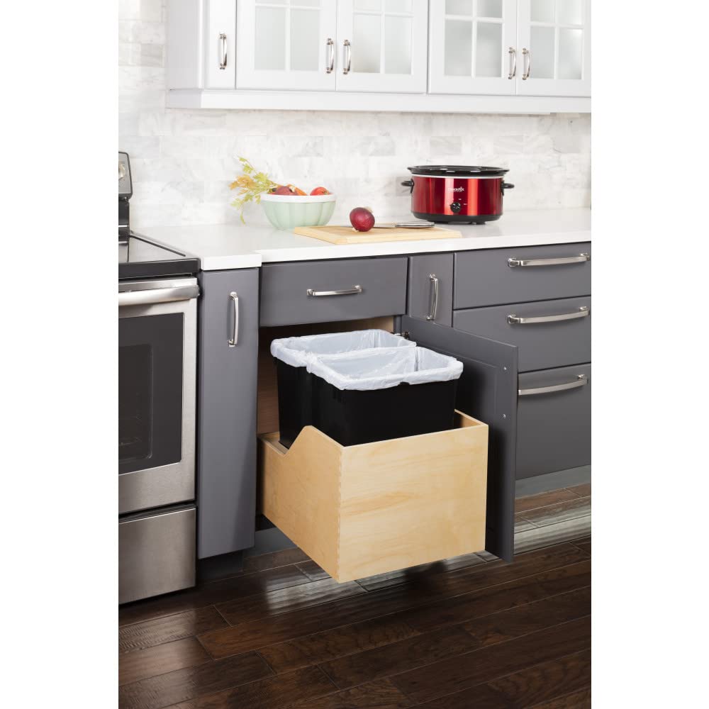 Hardware Resources CAN-WBMD3518B Double 35 Quart Wood Bottom-Mount Soft-Close Trashcan Rollout for Hinged Doors, Includes Two Black Cans