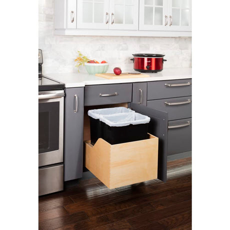 Hardware Resources CAN-WBMD3518B Double 35 Quart Wood Bottom-Mount Soft-Close Trashcan Rollout for Hinged Doors, Includes Two Black Cans