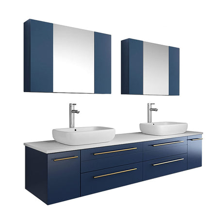 Fresca FVN6172RBL-VSL-D Fresca Lucera 72" Royal Blue Wall Hung Double Vessel Sink Modern Bathroom Vanity w/ Medicine Cabinets