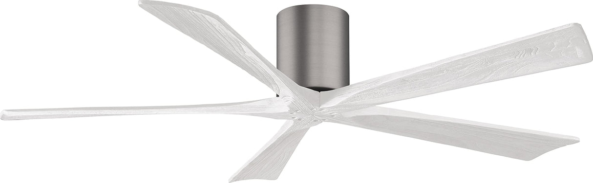 Matthews Fan IR5H-BP-MWH-60 Irene-5H five-blade flush mount paddle fan in Brushed Pewter finish with 60” solid matte white wood blades.