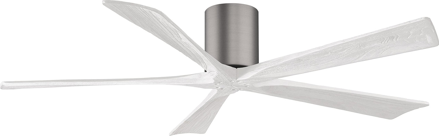 Matthews Fan IR5H-BP-MWH-60 Irene-5H five-blade flush mount paddle fan in Brushed Pewter finish with 60” solid matte white wood blades.