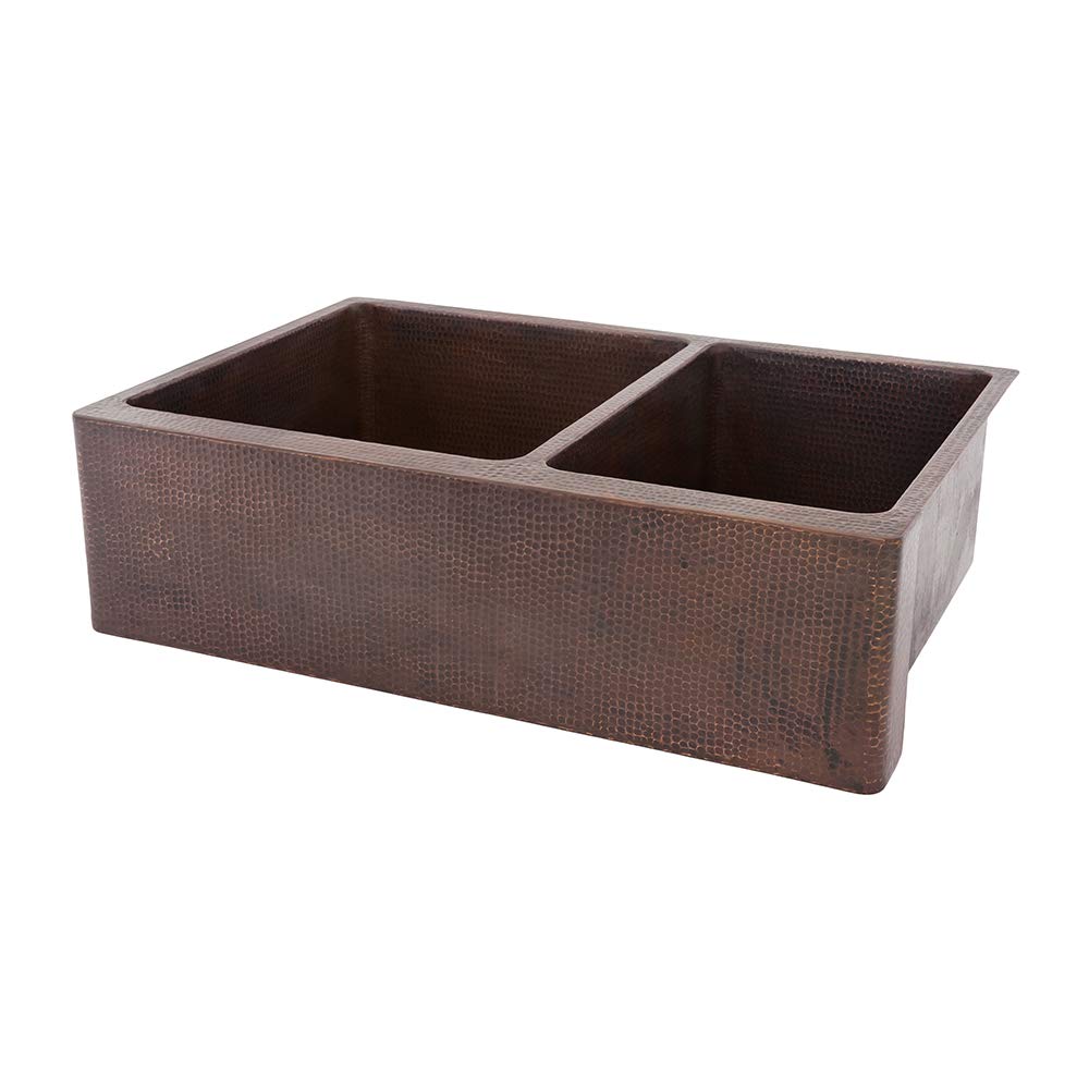 Premier Copper Products KA60DB33229 33-Inch Hammered Copper Kitchen Apron 60/40 Double Basin Sink, Oil Rubbed Bronze