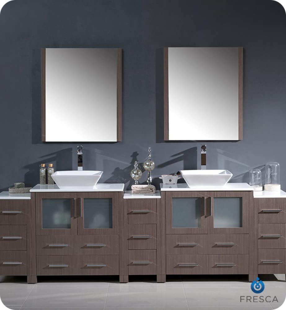 Fresca FVN62-96GO-VSL Fresca Torino 96" Gray Oak Modern Double Sink Bathroom Vanity w/ 3 Side Cabinets & Vessel Sinks