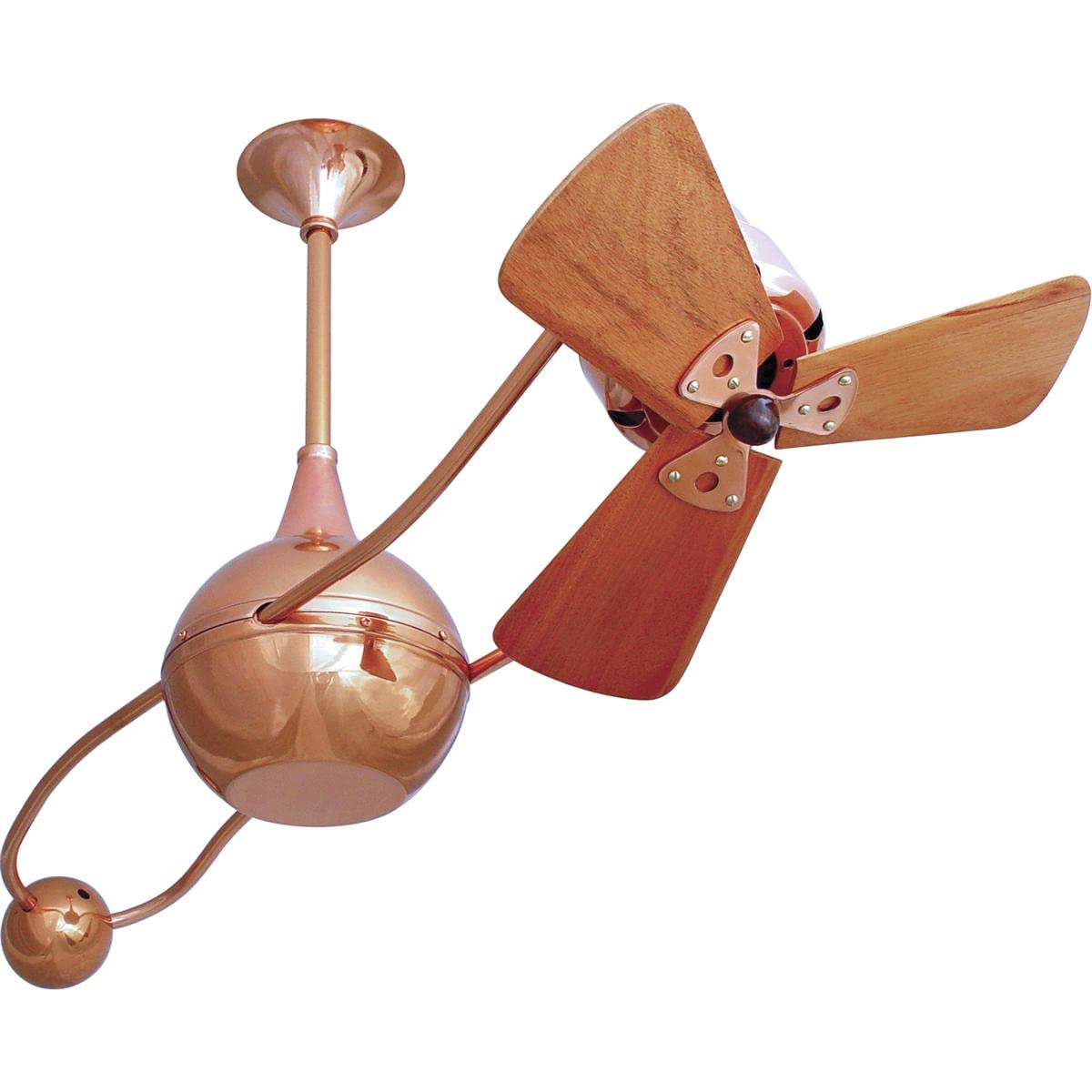 Matthews Fan B2K-CP-WD Brisa 360° counterweight rotational ceiling fan in Polished Copper finish with solid sustainable mahogany wood blades.