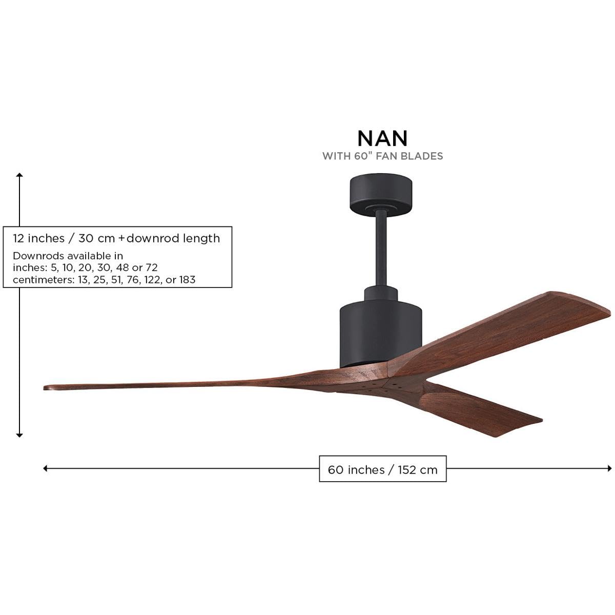 Matthews Fan NK-BK-WA-60 Nan 6-speed ceiling fan in Matte Black finish with 60” solid walnut tone wood blades