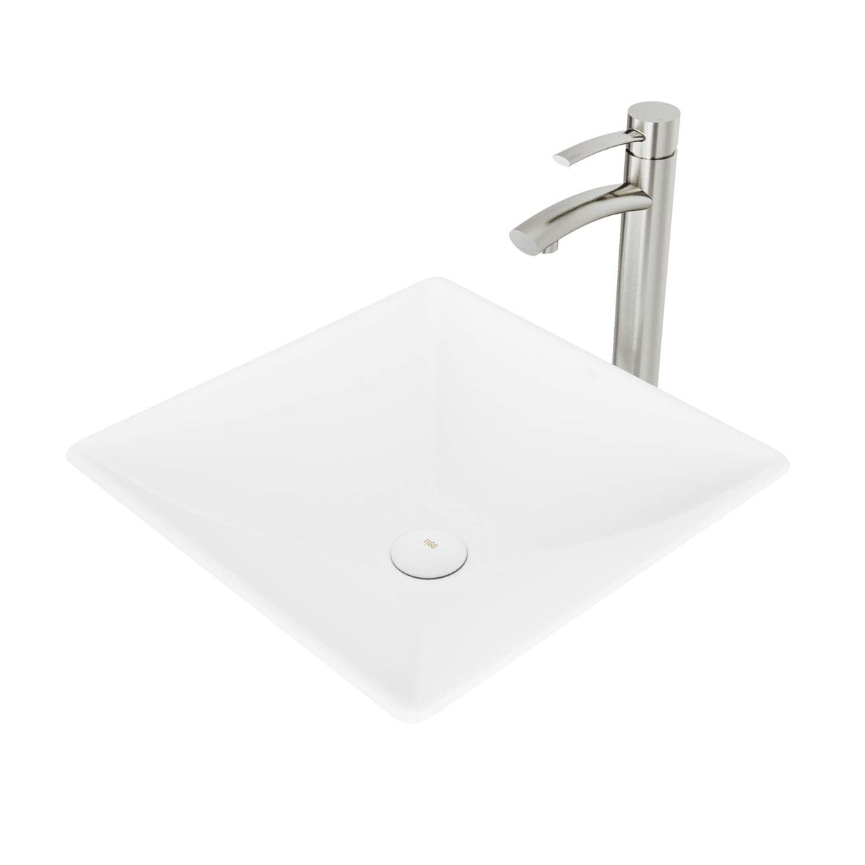 VIGO VGT1087MW 16.0" L -16.0" W -12.5" H Handmade Countertop Matte Stone Square Vessel Bathroom Sink Set in Matte White Finish with Brushed Nickel Single-Handle Single Hole Faucet and Pop Up Drain